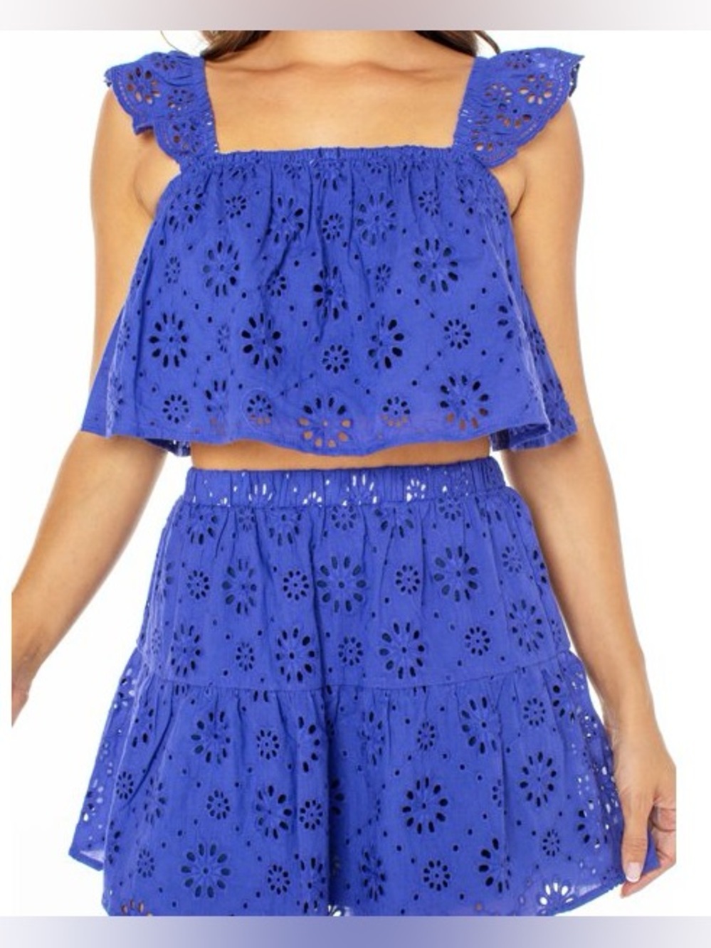 Celebrity Pink Royal Blue Eyelet Crop Top & Skirt Set Small